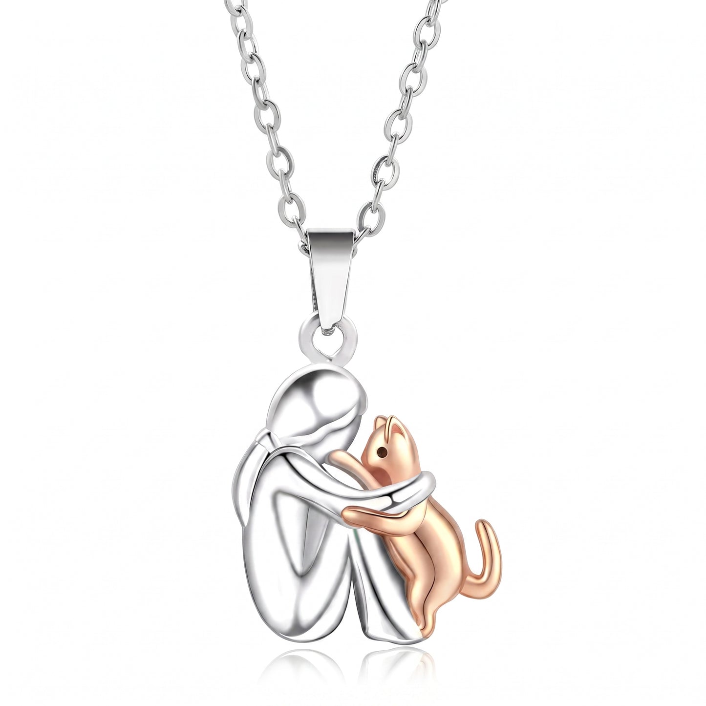 Two-Tone Woman Hugging Pet Pendant Necklace