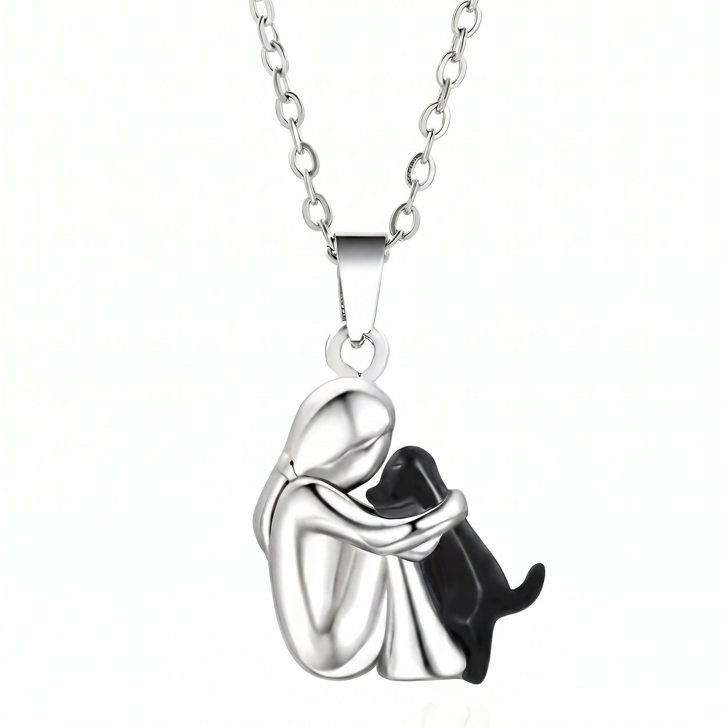 Two-Tone Woman Hugging Pet Pendant Necklace