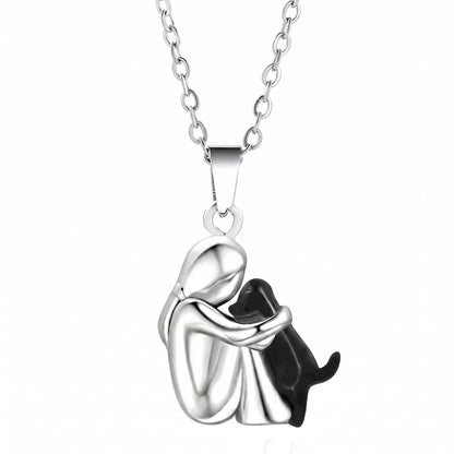 Two-Tone Woman Hugging Pet Pendant Necklace