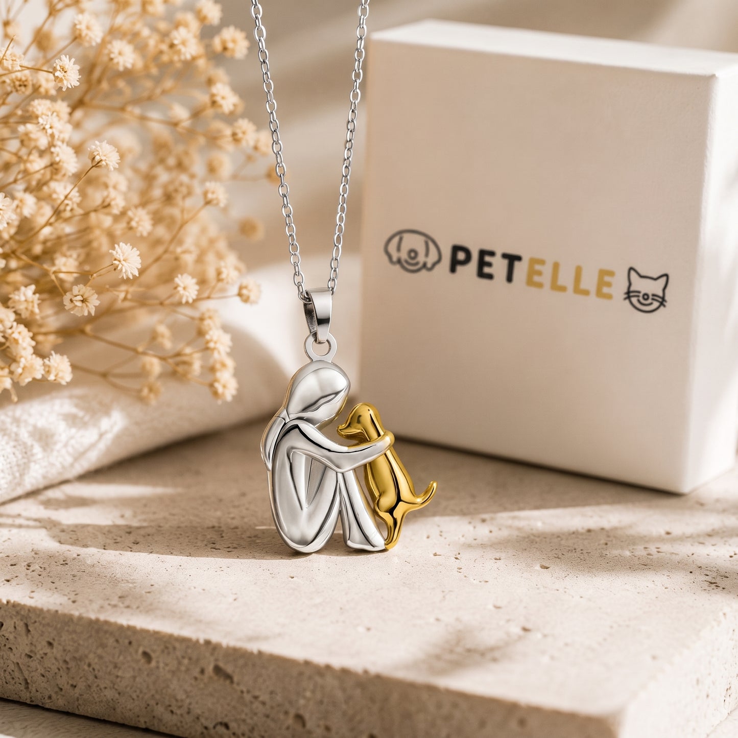 Two-Tone Woman Hugging Pet Pendant Necklace
