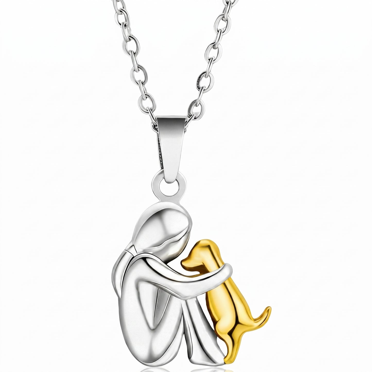 Two-Tone Woman Hugging Pet Pendant Necklace