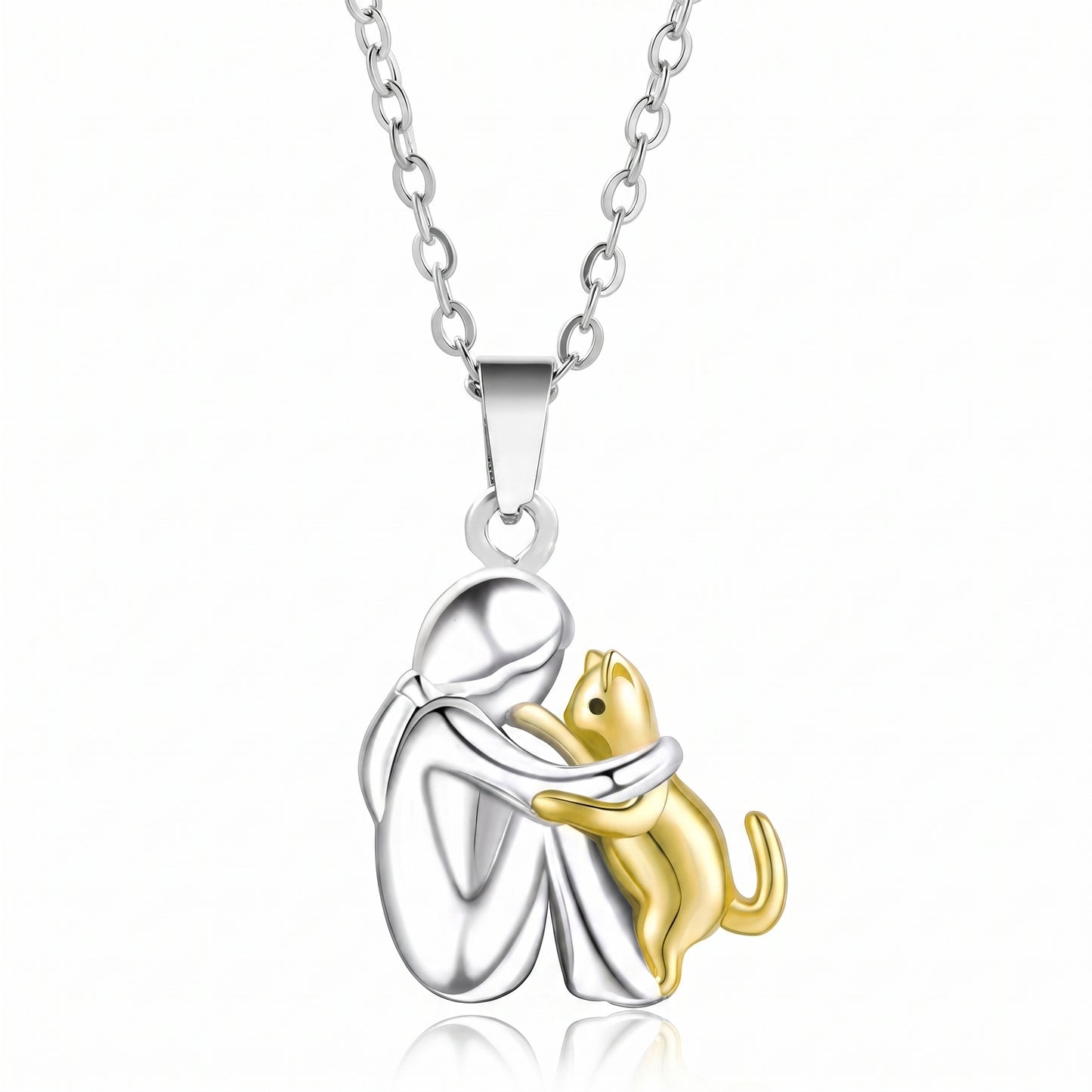Two-Tone Woman Hugging Pet Pendant Necklace