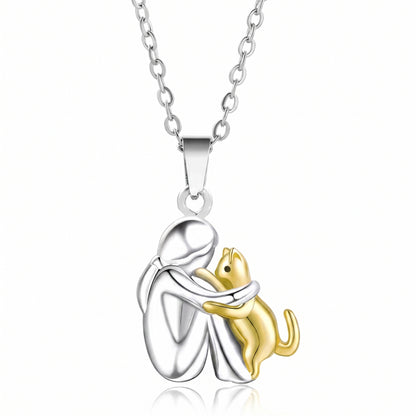 Two-Tone Woman Hugging Pet Pendant Necklace