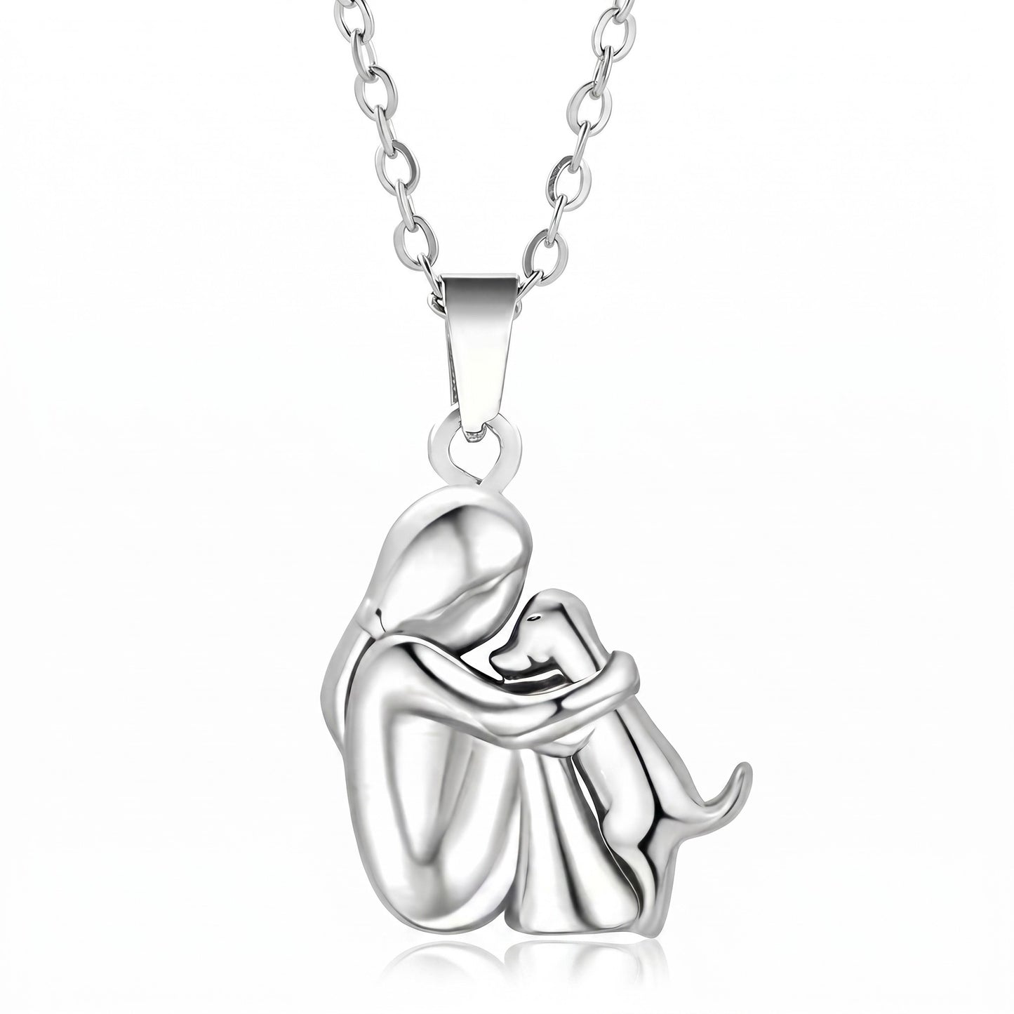 Two-Tone Woman Hugging Pet Pendant Necklace