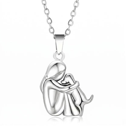 Two-Tone Woman Hugging Pet Pendant Necklace