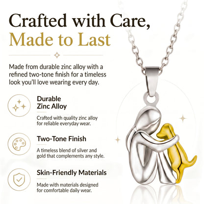 Two-Tone Woman Hugging Pet Pendant Necklace